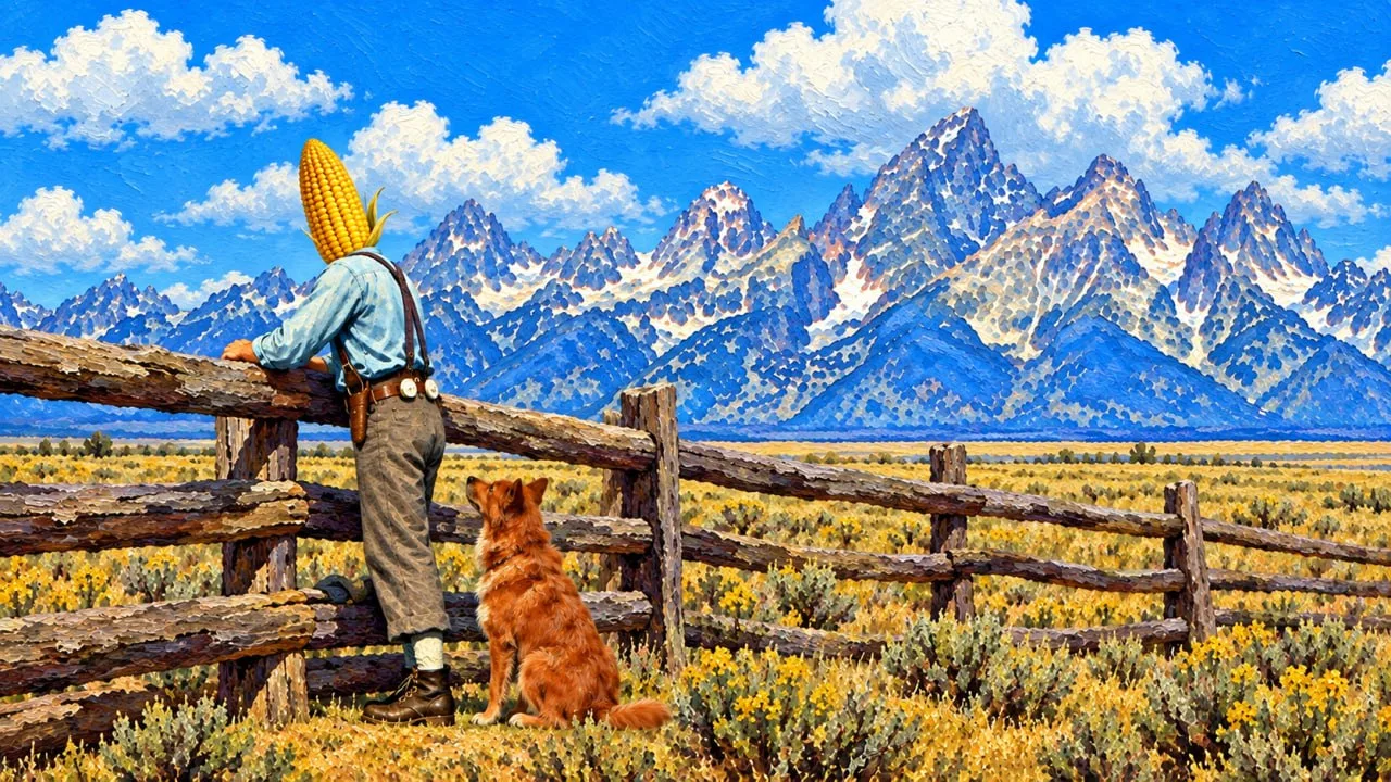 Cornelius leans against a wooden fence while his dog sits beside him, looking toward the mountains.