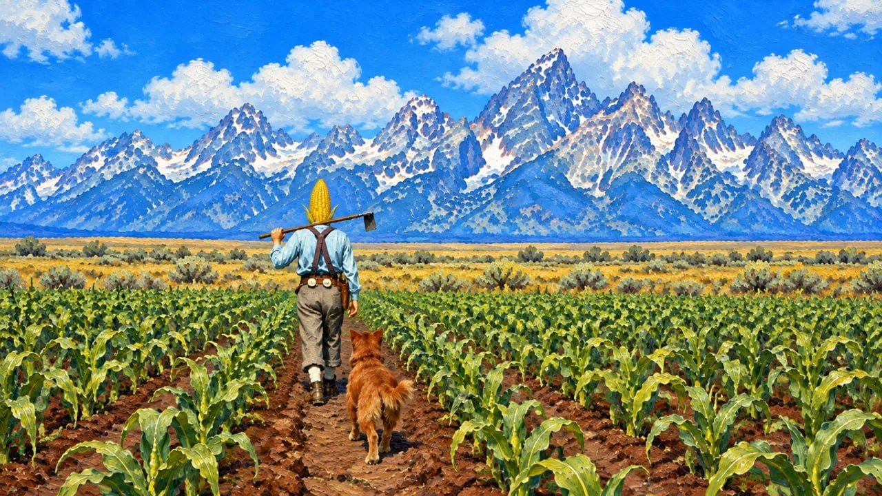 Cornelius carries a hoe over his shoulder as his dog follows him down a path between rows of corn.
