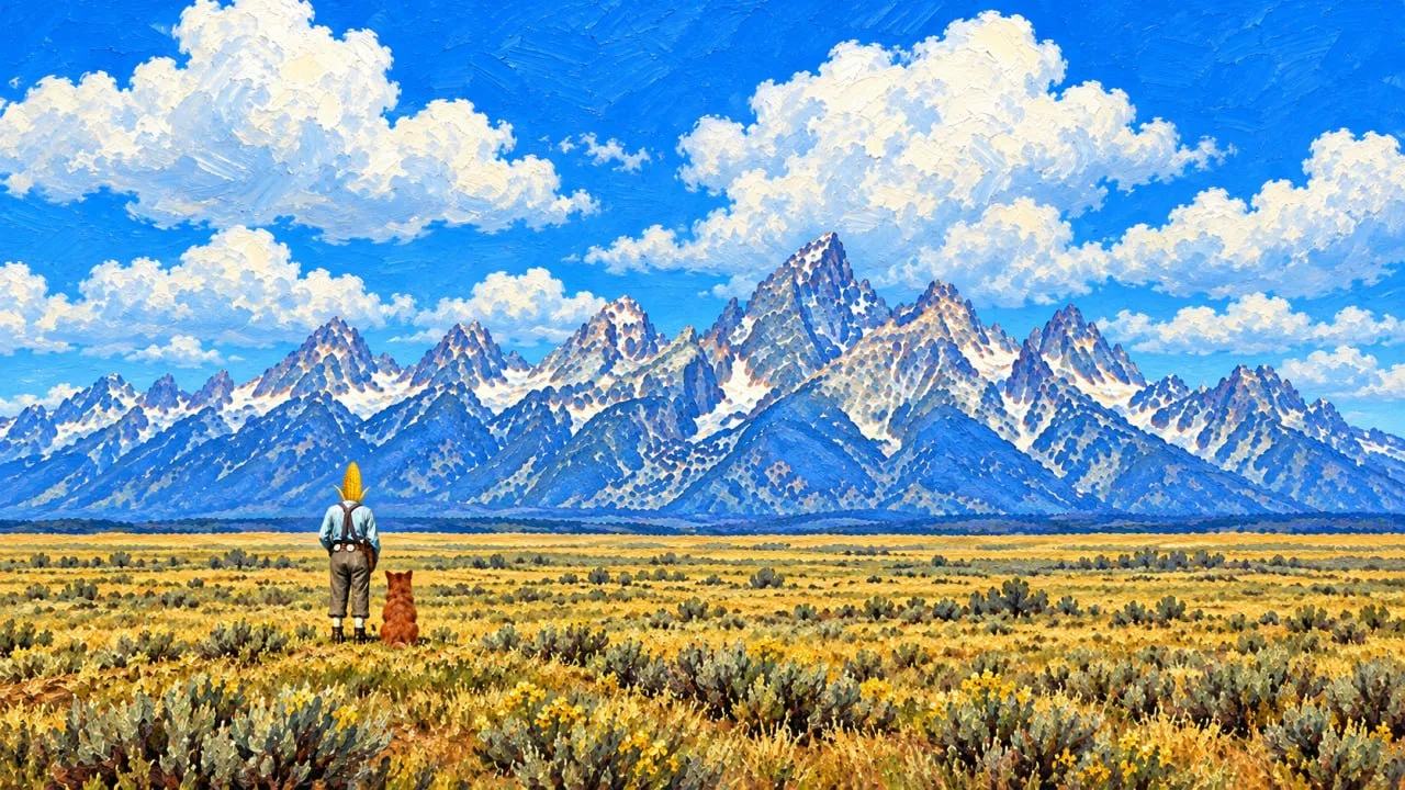 Cornelius and Husk stand together in an open golden meadow facing a vast blue mountain range.
