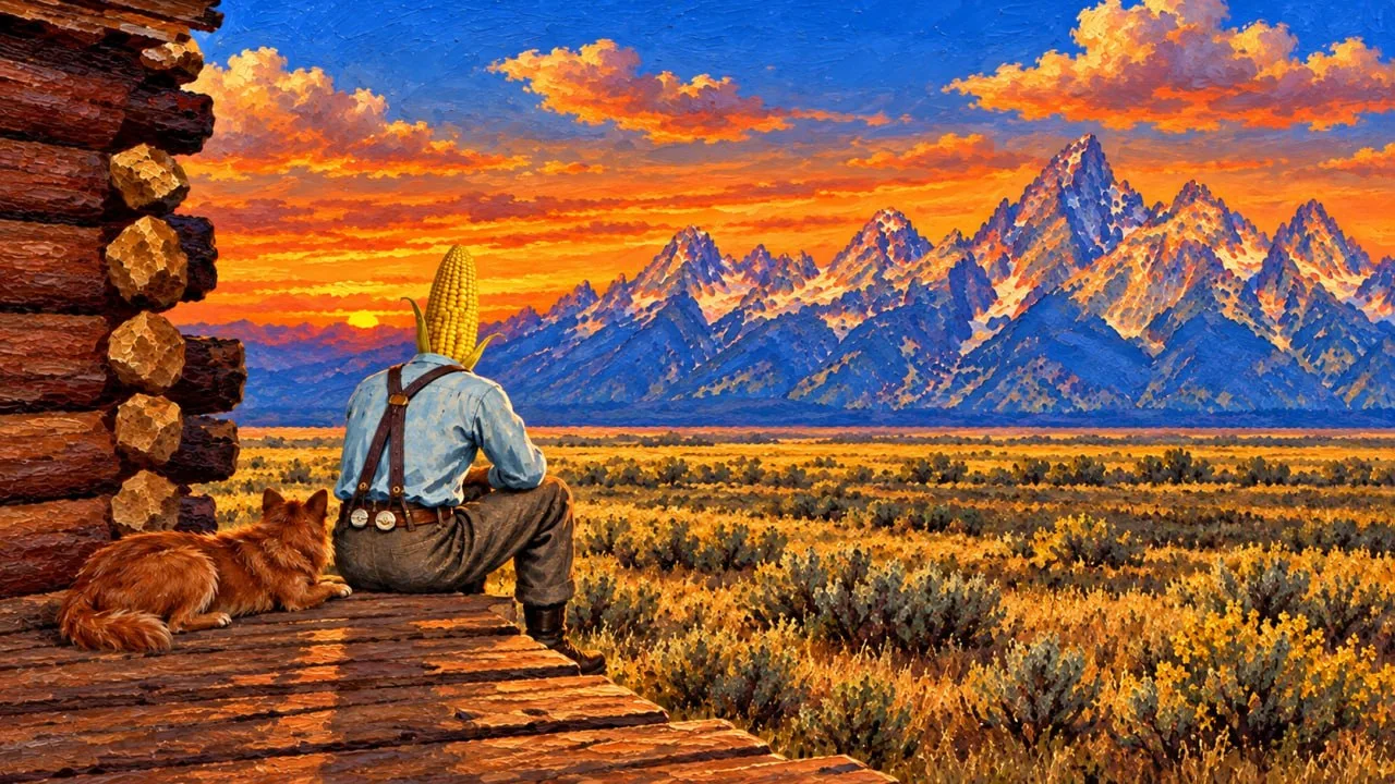 Cornelius and his red-haired dog Husk sit on a cabin porch beneath an orange sunset and blue mountains.